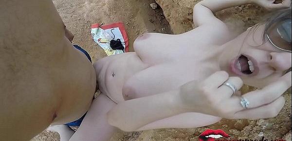  amateur couple fucking on public beach and he cums on her big tits  Miriam Prado